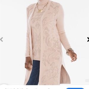 Chico’s Sz 3 Petal Blush Pink Long Open Floral Jacquard Cardigan Classic Work
